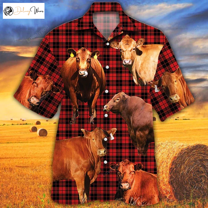 Red Angus Cattle Lovers Hawaiian Shirt Gift for Men Women Fans – Animal Tartan Cow Aloha Shirt Gift for Men Women Fans – Perfect Gift for Cow Enthusiasts