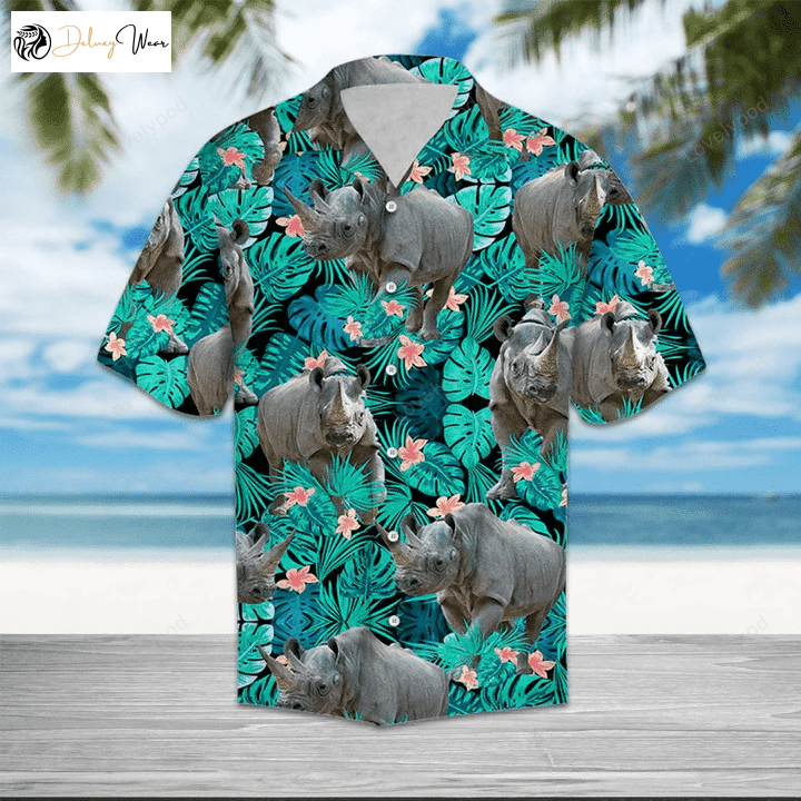 Stylish Rhino Tropical Leaves & Flowers Hawaiian Shirt Gift for Men Women Fans – Vibrant & Trendy Men s Fashion