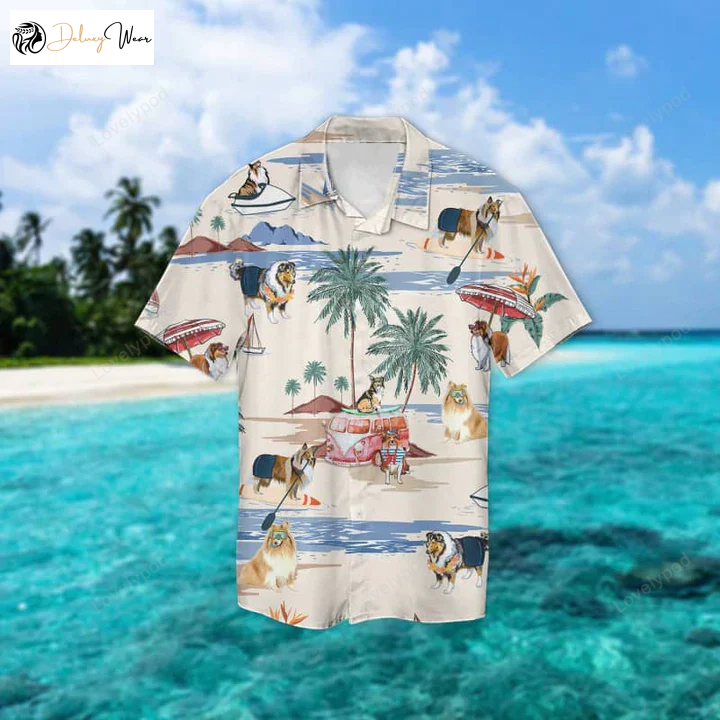 Rough Collie Summer Beach Hawaiian Shirt Gift for Men Women Fans – Men and Women s Short Sleeve Aloha Beach Shirt Gift for Men Women Fans