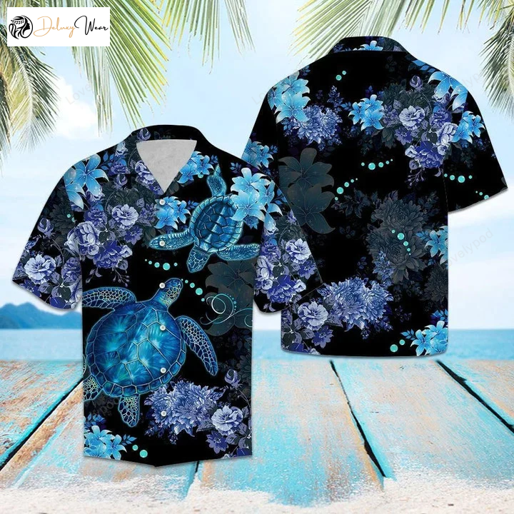 Stylish Sea Turtle Hawaiian Shirt Gift for Men Women Fans in Blue and Black – Perfect for Beach Vibes!