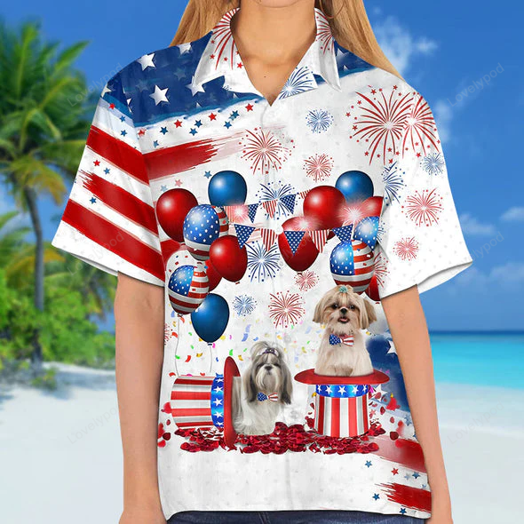 4th of July Hawaiian Shirt Gift for Men Women Fans: Shih Tzu Independence Day Style for Men & Women
