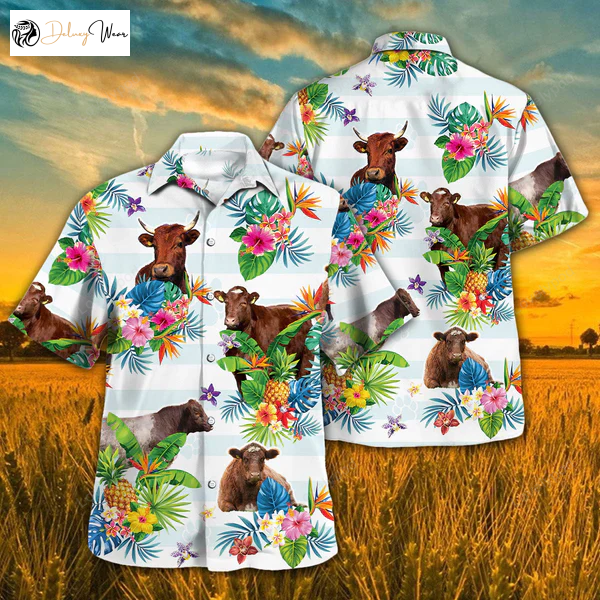 Shorthorn Hawaiian Theme Pineapple 3D Shirt Gift for Men Women Fans Cow Hawaiian Shirt Gift for Men Women Fans Summer Gifts for Men & Women