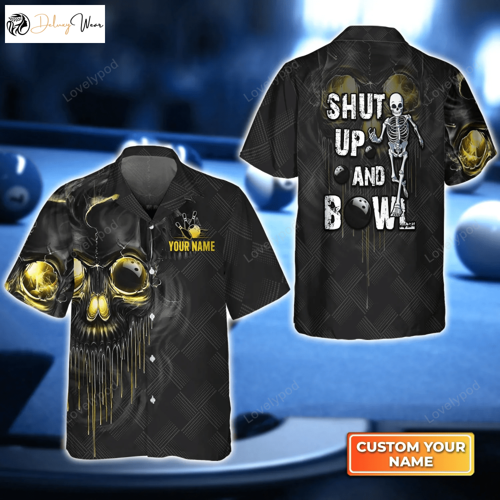 Strike in Style: Shut Up And Bowl Golden Skull Hawaiian Shirt Gift for Men Women Fans for Men Women & Bowling Teams