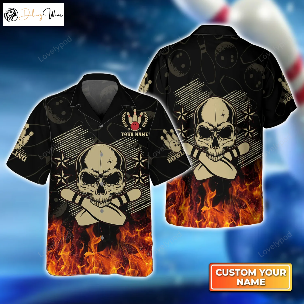 Customized Skull Bowling In Fire 3D Hawaiian Shirt Gift for Men Women Fans – Perfect for Men Women & Bowling Teams
