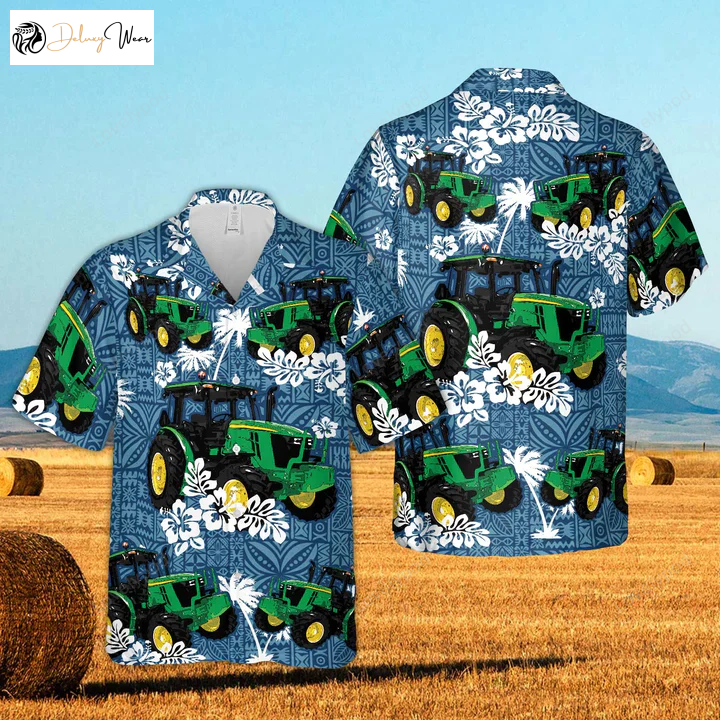 Tractors Tropical Leaves Blue 3D Hawaiian Shirt Gift for Men Women Fans – Summer Clothing for Farm Lovers – Men & Women