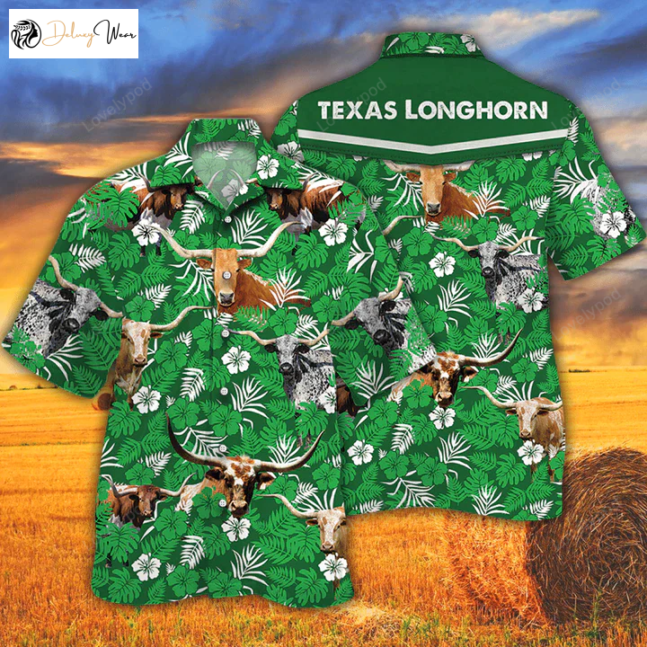 Vintage Farm Hawaiian Shirt Gift for Men Women Fans – Green Floral Pattern for Tx Longhorn Cattle Lovers & Cow Men