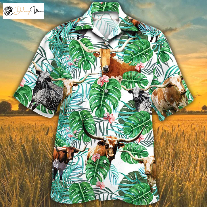 Tx Longhorn Cattle Lovers Shirt Gift for Men Women Fans – Tropical Plant Hawaiian Cow Shirt Gift for Men Women Fans