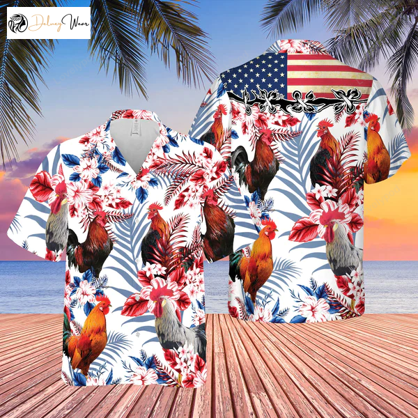 US Flag Hawaiian Shirt Gift for Men Women Fans: Love for Chicken & Farm Cows Men & Women