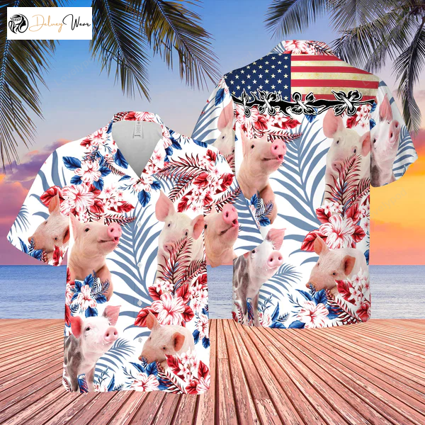 USA Flag Pig & Farm Cow Hawaiian Shirt Gift for Men Women Fans for Men & Women: Stylish & Fun Pig Lovers Apparel