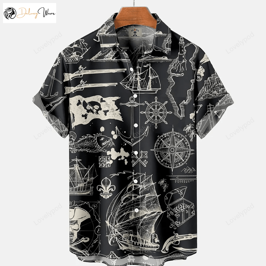 Authentic Vintage Hawaiian Pirate Ship Print Shirt Gift for Men Women Fans – Nautical Short Sleeve