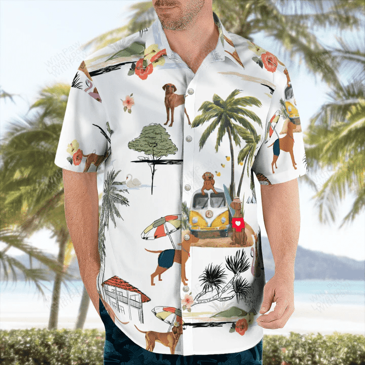 Vizsla On The Beach Hawaiian Shirt Gift for Men Women Fans – Unisex Summer Gift for Men Aloha Beach Shirt Gift for Men Women Fans
