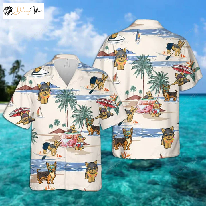 Yorkie Summer Beach Hawaiian Shirt Gift for Men Women Fans: Men s & Women s Short Sleeve Aloha Beach Attire