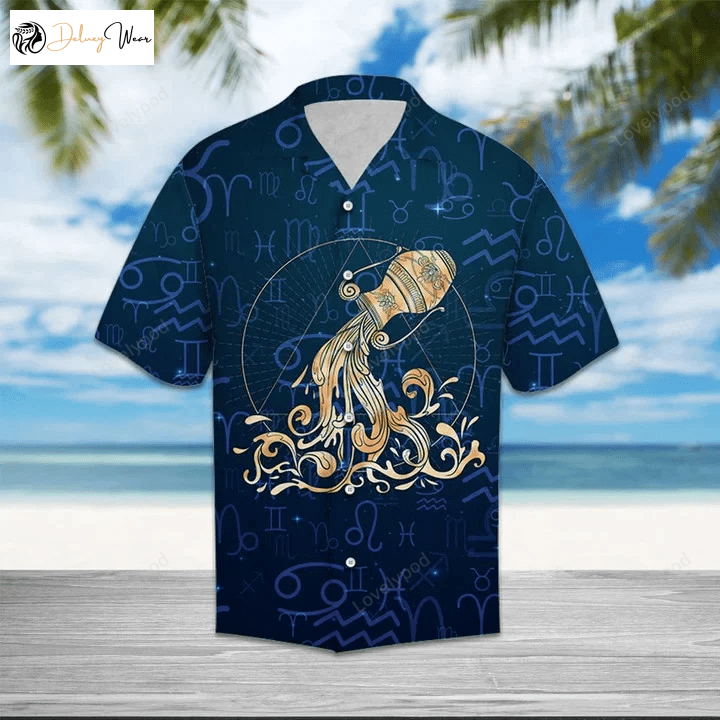 Stylish Aquarius Zodiac Symbol Hawaiian Shirt – Blue Pattern for Zodiac Lovers!
