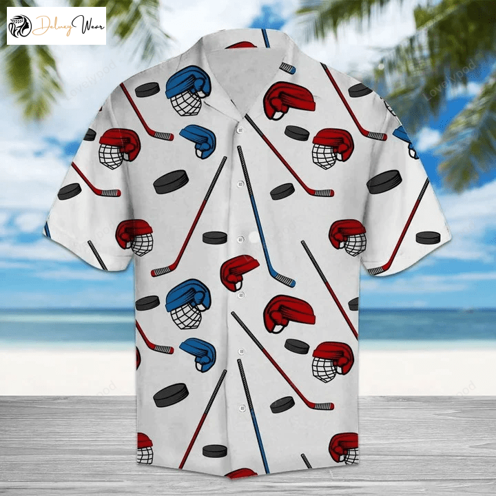 Stylish Hockey Helmet & Gloves Hawaiian Shirt – Perfect for Sports Fans!
