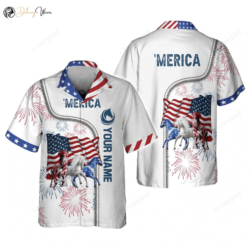 Customizable American Horse 4th of July Shirt – Personalized Name 3D Hawaiian Design