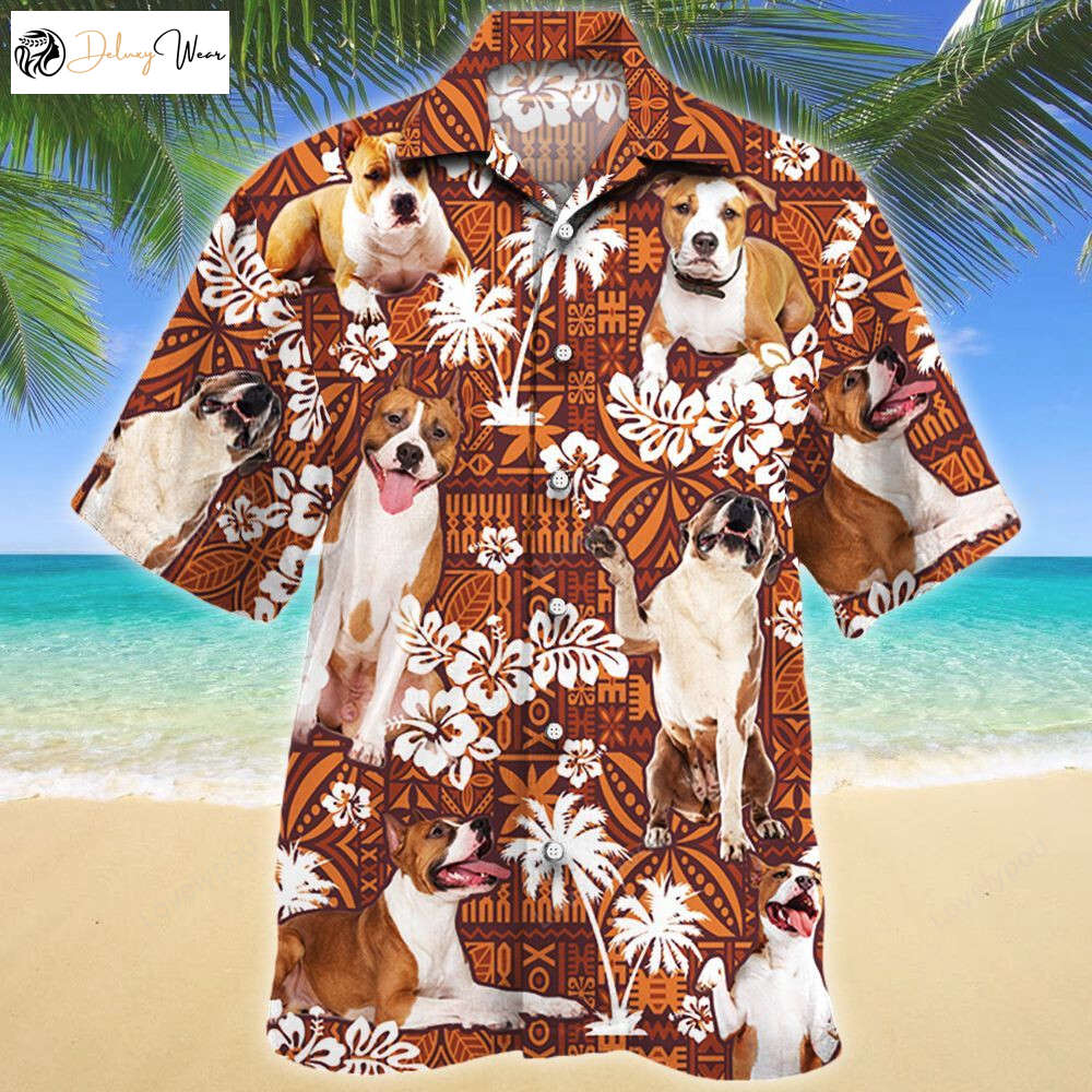 Stylish American Staffordshire Terrier Dog Hawaiian Shirt for Men – Red Tribal Pattern Dog Lover s Paradise