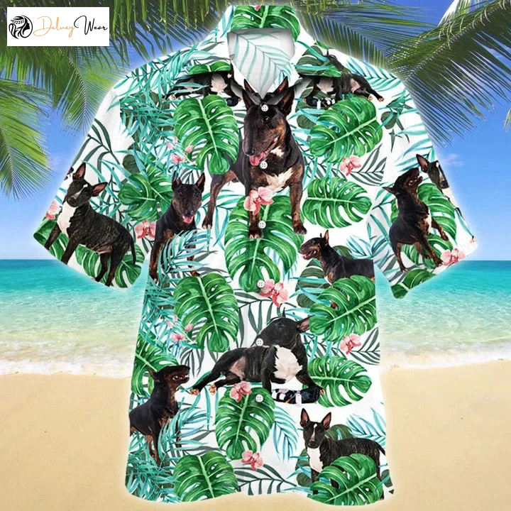 Stylish Astute Animal Miniature Bull Terrier Hawaiian Shirt with Tropical Plant Green Theme