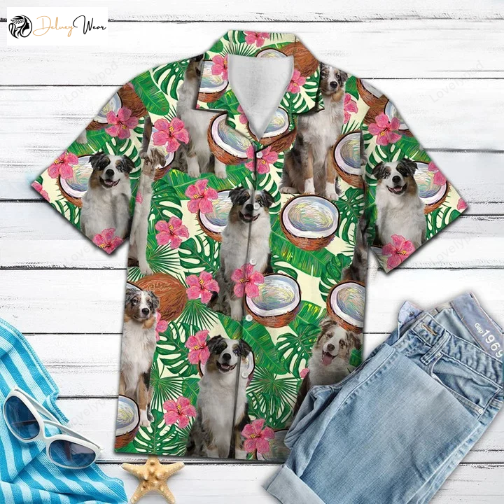 Stylish Australian Shepherd Hawaiian Shirt with Tropical Coconut Pattern – Shop Now!