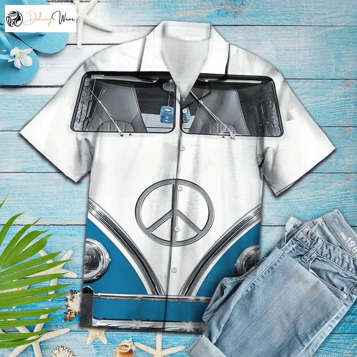 Stylish Blue & White Hippie Bus Hawaiian Shirt – Unique Pattern & Design