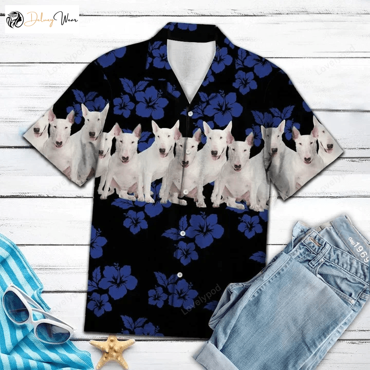 Vibrant Bull Terrier Hawaiian Shirt: Tropical Hibiscus Design on Black – Stand Out!