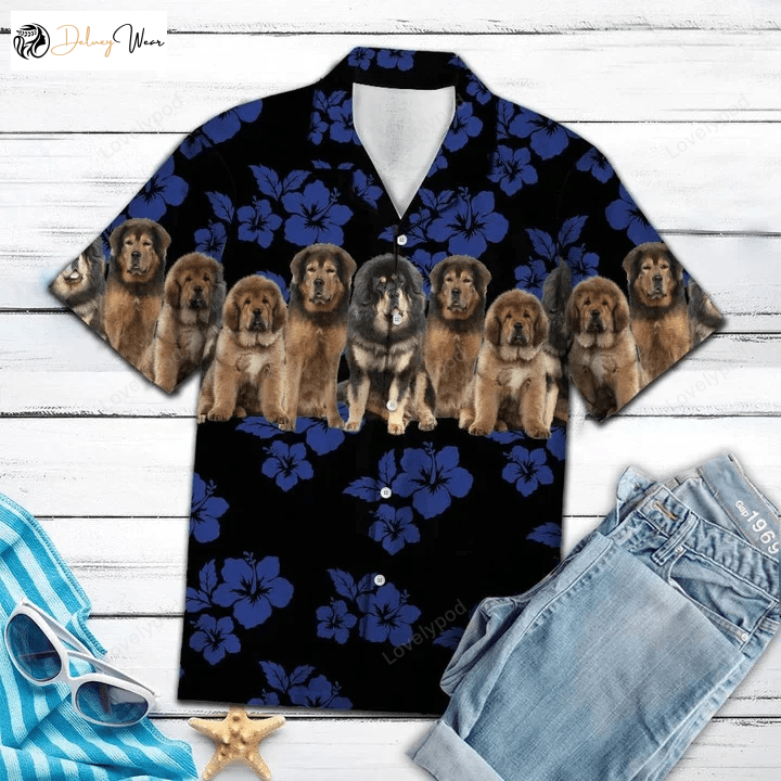 Stylish Tibetan Mastiff Dog Group on Hibiscus Hawaiian Shirt - Perfect for Dog Lovers!