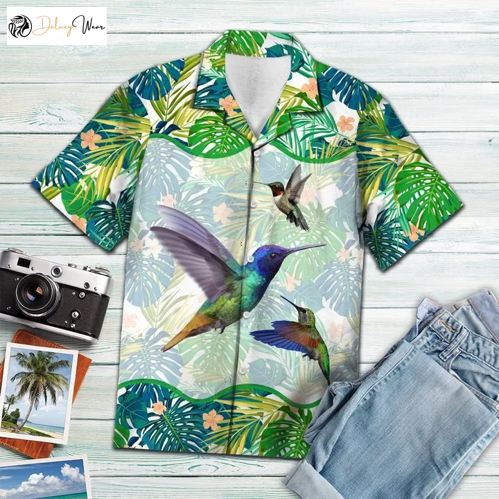 Stunning Hummingbird Green Tropical Leaves Hawaiian Shirt Gift for Men Women Fans – Exquisite Pattern for a Tropical Vibe