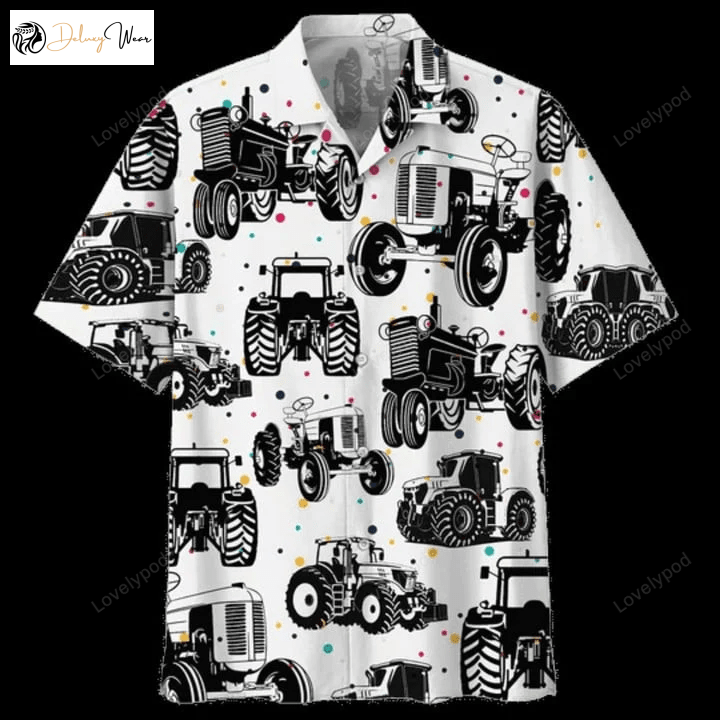 Beach Party 2023 Hawaiian Shirt: Black & White Tractor Background Design for Trendy Style