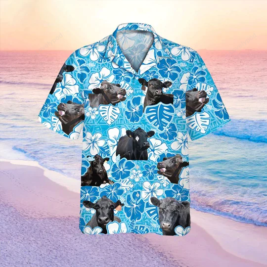 Black Angus Blue Floral Hawaiian Shirt – Perfect Cow Lovers Shirt for Men