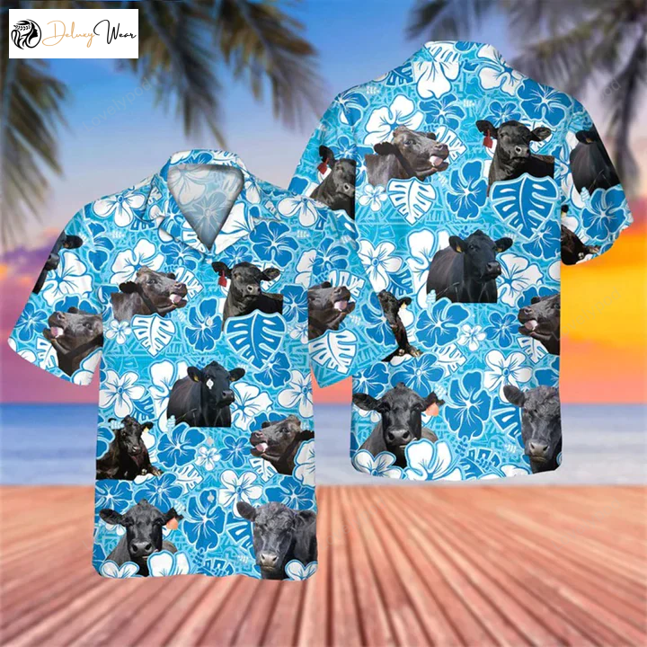 Black Angus Blue Floral Hawaiian Shirt – Perfect Cow Lovers Shirt for Men