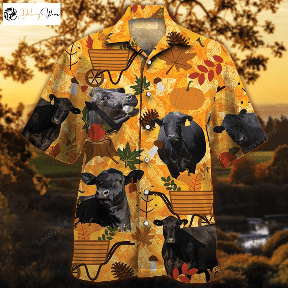 Stylish Black Angus Cattle Lovers Hawaiian Shirt Orange Nature Autumn Design