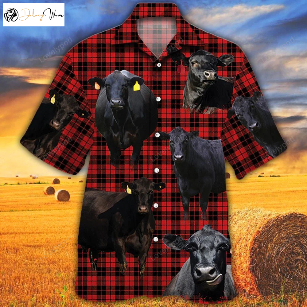 Stylish Black Angus Cattle Lovers Hawaiian Shirt – Red Tartan Pattern