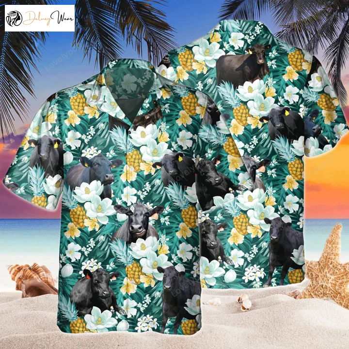 Black Angus Tropical Pineapple Hawaiian Shirt – Flowers Aloha Shirt for Cow Lovers