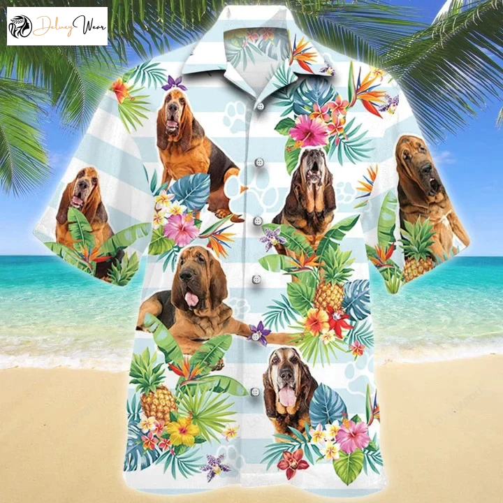 Stylish Blue Striped Bloodhound Dog Hawaiian Shirt with Tropical Flowers