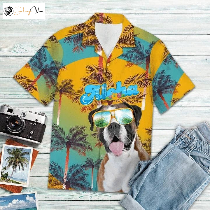 Stylish Unisex Boxer Aloha Summer Shirt – Blue & Yellow Hawaiian Short Sleeve Shirt for Men & Women
