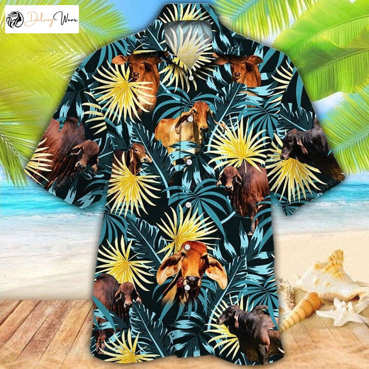 Brahman Cattle Blue & Yellow Tropical Hawaiian Aloha Shirt: Vibrant & Stylish