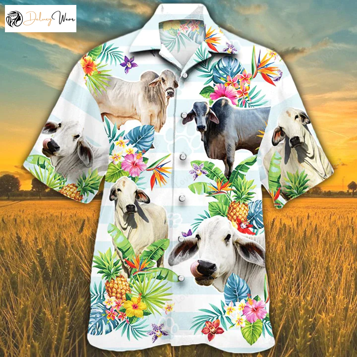 Cow Lovers Hawaiian Shirts – Brahman Cattle Tropical Flowers Men & Women
