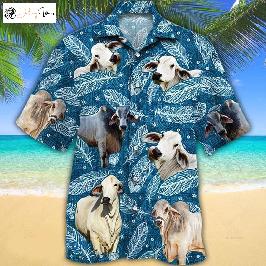 Brahman Cattle Lovers Hawaiian Shirt: Blue Feather Hawaii Design – Perfect for Ranch Enthusiasts!