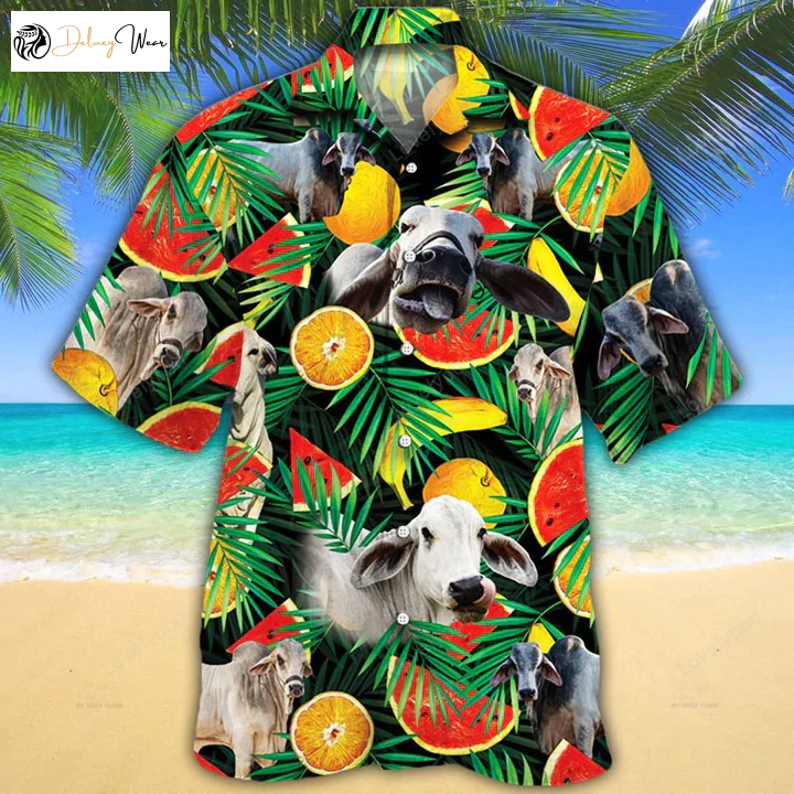 Brahman Cattle Lovers Hawaiian Shirt – Tropical Fruits Cow Aloha Gift