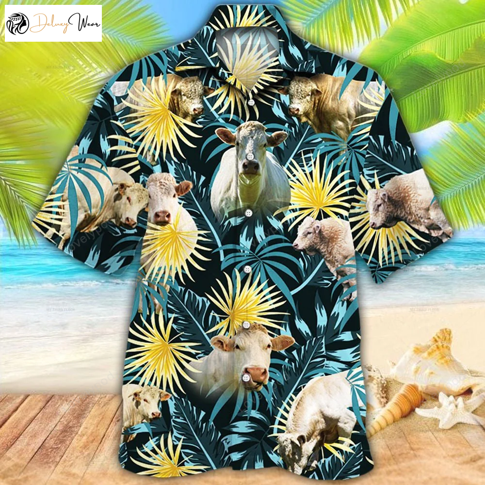 Charolais Cattle Lovers Hawaiian Shirt – Blue & Yellow Plants Design