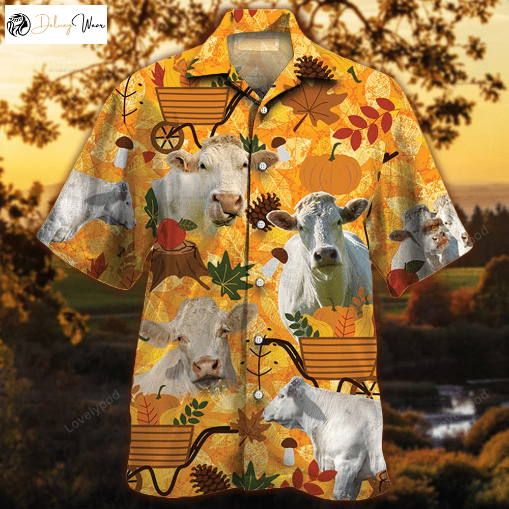 Fall in Love with Charolais Cattle: Orange Nature Hawaiian Shirt – Perfect for Autumn