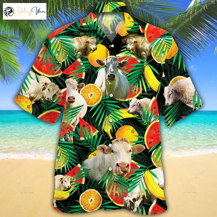 Charolais Cattle Lovers Hawaiian Shirt – Tropical Fruits Cow Aloha Shirt Perfect Gift for Cow Lovers