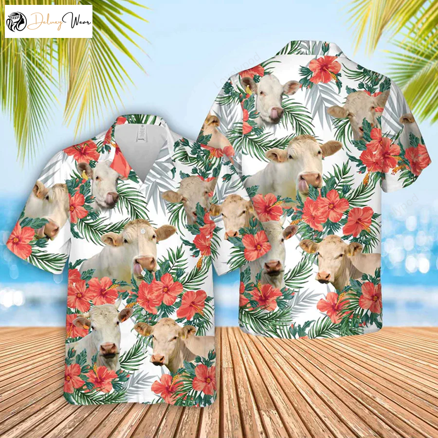 Charolais Cow Hawaiian Flowers Hawaiian Shirt Farm Clothing Gift for Men & Women