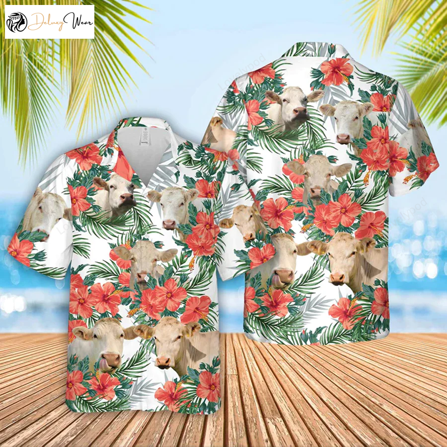 Charolais Cow No Horn Hawaiian Flowers Shirt – Farm Clothing Gift for Summer Men & Women