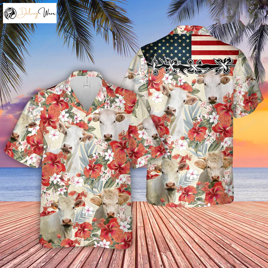 Charolais Hibicus Floral 3D Hawaiian Shirt with US Flag Design – Vibrant and Stylish!
