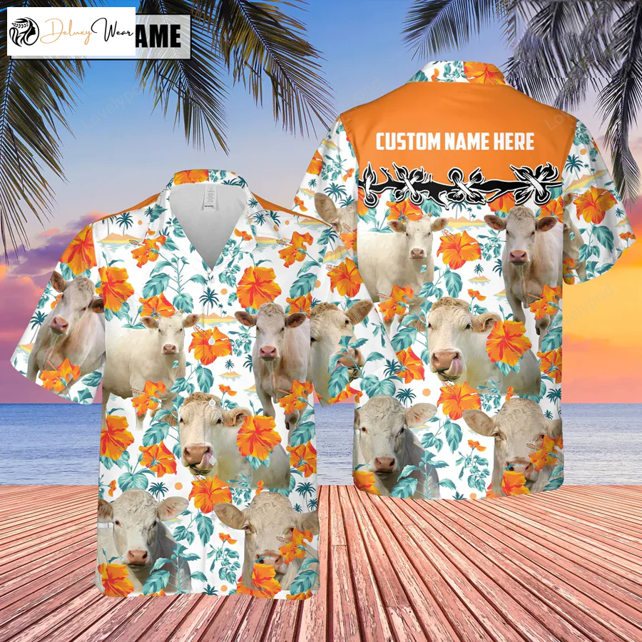 Custom Name 3D Hawaiian Shirt – Charolais No Horn Hibiscus Floral: Summer Gifts for Men & Women