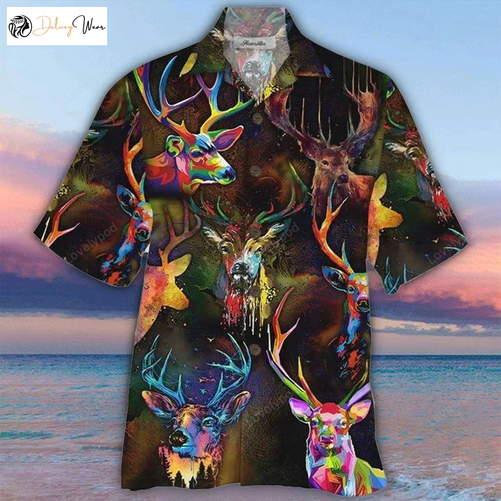 Summer-ready Colorful Deers Hawaiian Shirt – Vibrant 3D Print & Hawaiian Style