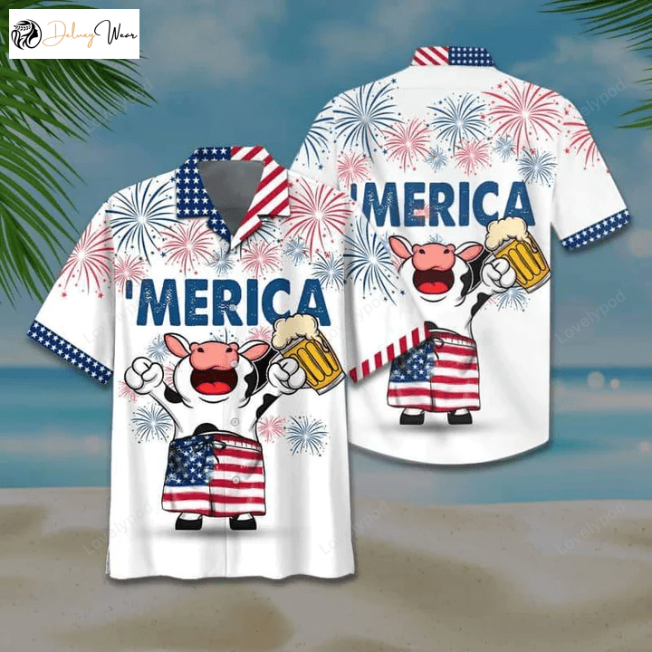 4th of July Hawaiian Shirt: Cow and Beer American Flag Shirts for Men & Women