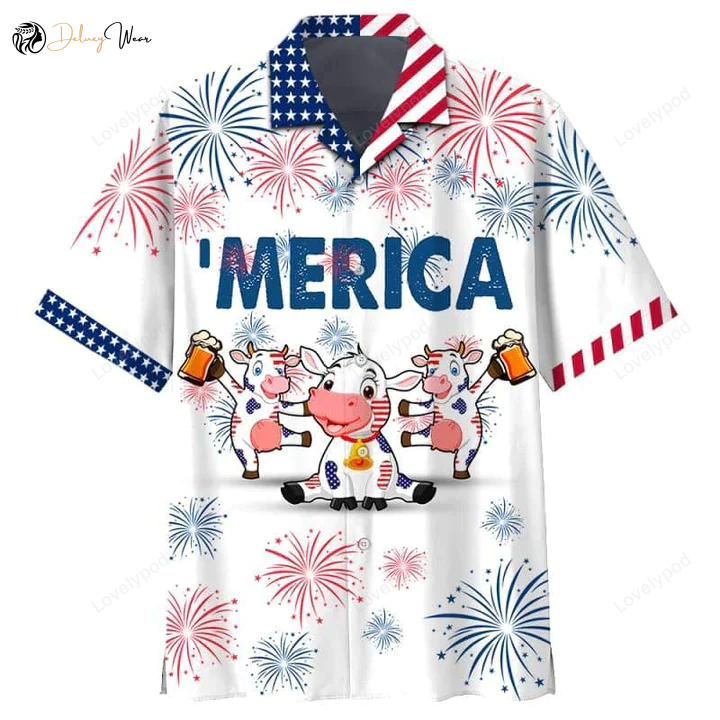 Cow and Beer 4th of July Hawaiian Shirt – Patriotic Cow American Flag Shirts for Men & Women