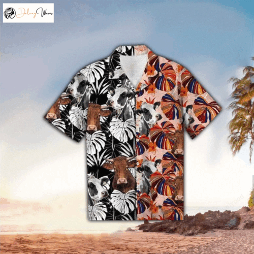 Colorful Hawaiian Shirt for Men Cow Floral Design Tropical Aloha Sleeve Perfect Summer Attire