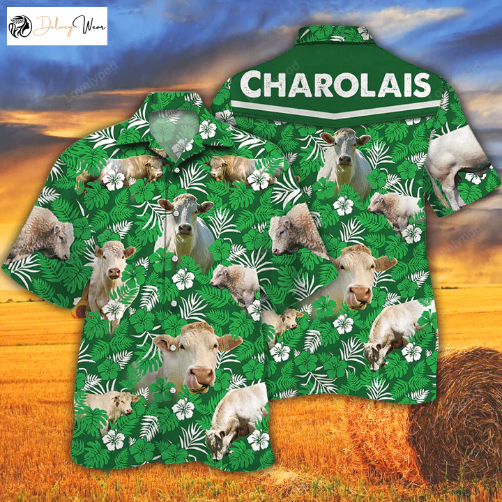 Stylish Cow Hawaiian Shirt for Men and Women – Green Floral Pattern for Charolais Cattle Lovers